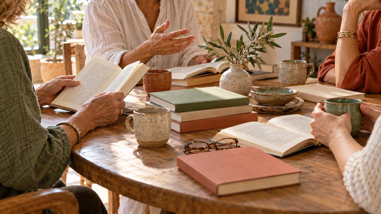 Personas compartiendo lecturas alrededor de una mesa con libros abiertos y tazas